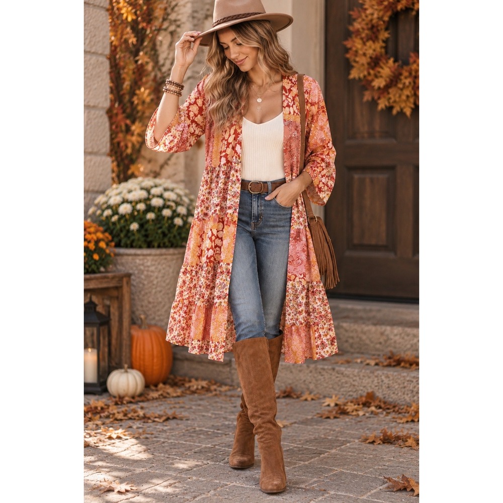 Umgee Patchwork Floral Long Kimono Duster Boho Oversized Medium Flowy Layering